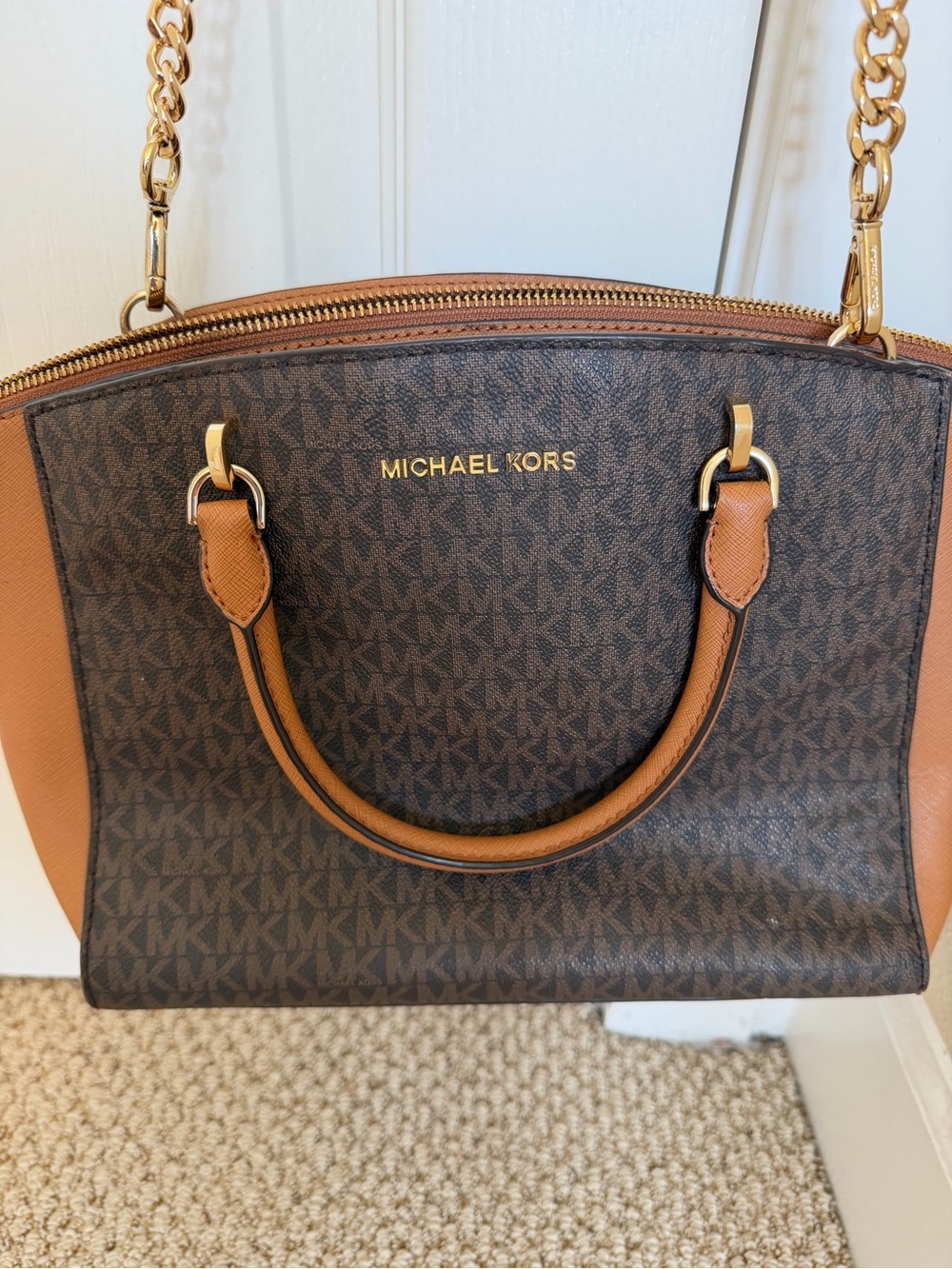 Michael Kors Brown/Acorn MK Signature Dome Satchel with Gold Hardware